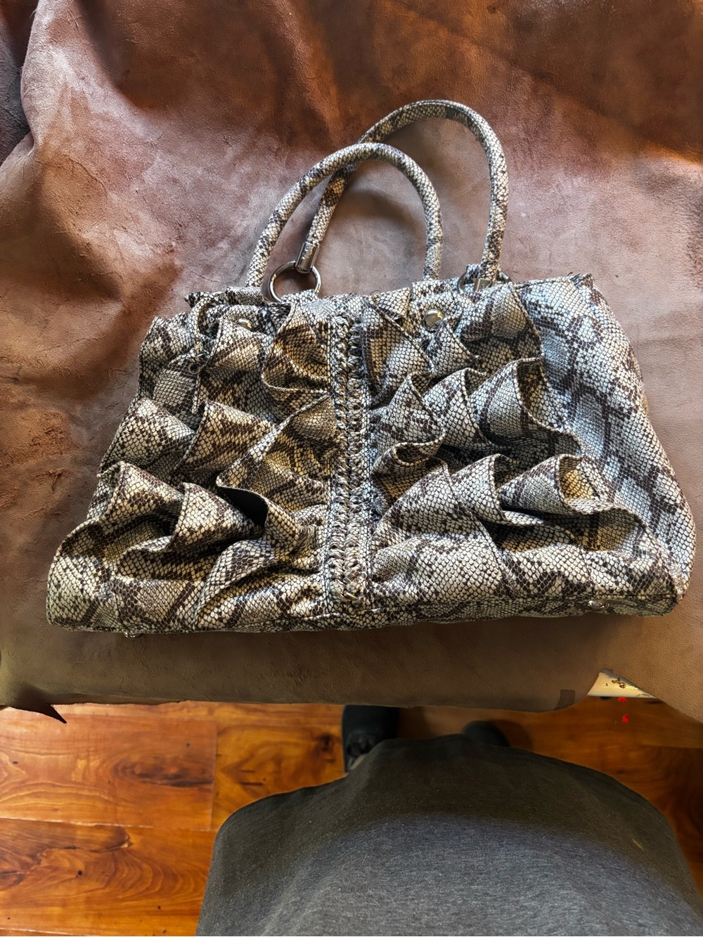 bebe Snake-Print Ruffle Satchel in Gray and Black
